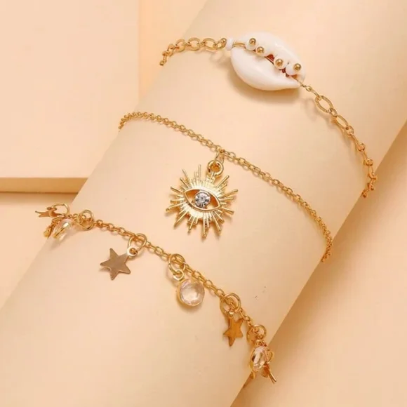 Sexy GOLD CHARMS 3 PIECE ANKLET SET Shell Chain Ankle Bracelet Jewelry Boho - Picture 3 of 3